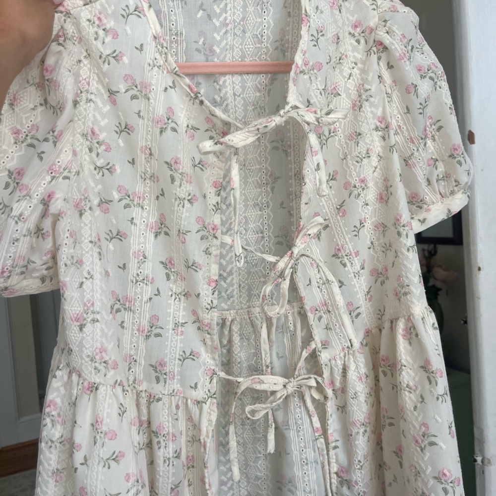 Ivory Floral Tie-Front Dress with Pink Rose Print